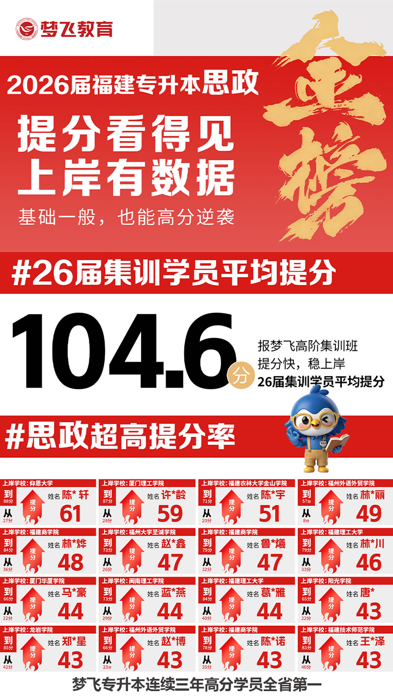 福建专升本12年！梦飞教育专升本全科辅导课程战绩一览